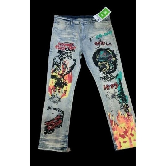 New Men's Stretch Distressed Skull Punk Rocker Graffiti Hip Hop Jeans 32 - Picture 2 of 9